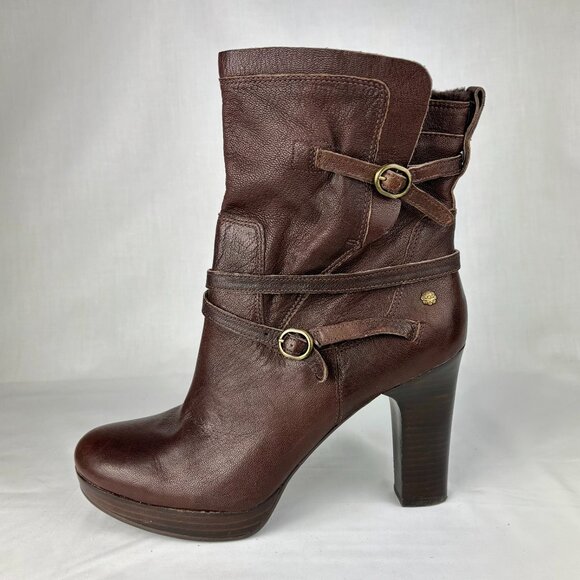 UGG Brown Ankle Booties with Chunky Heel and Buckle Details - Picture 1 of 16